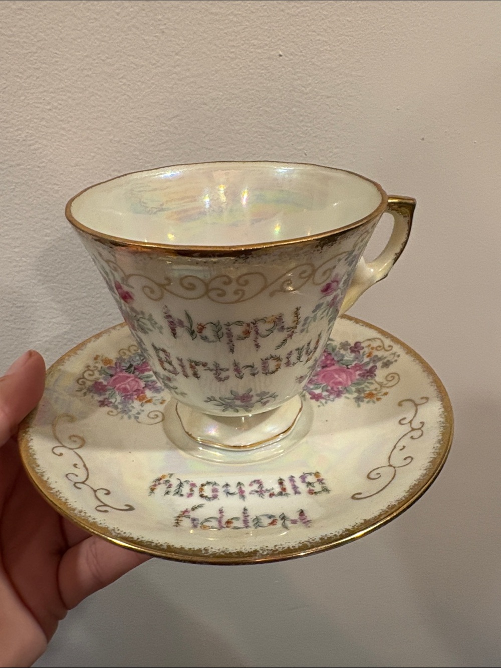 Vintage-Inspired White Gold Trim 'Happy Birthday' Teacup & Saucer